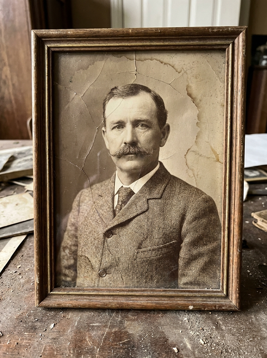 Old faded photograph before painting